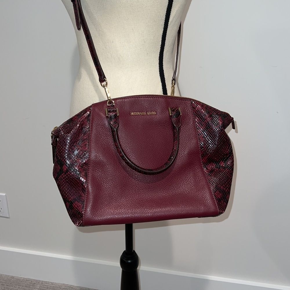 MICHAEL Michael Kors Riley Python-Embossed Satchel Bag in Merlot - Picture 2 of 16